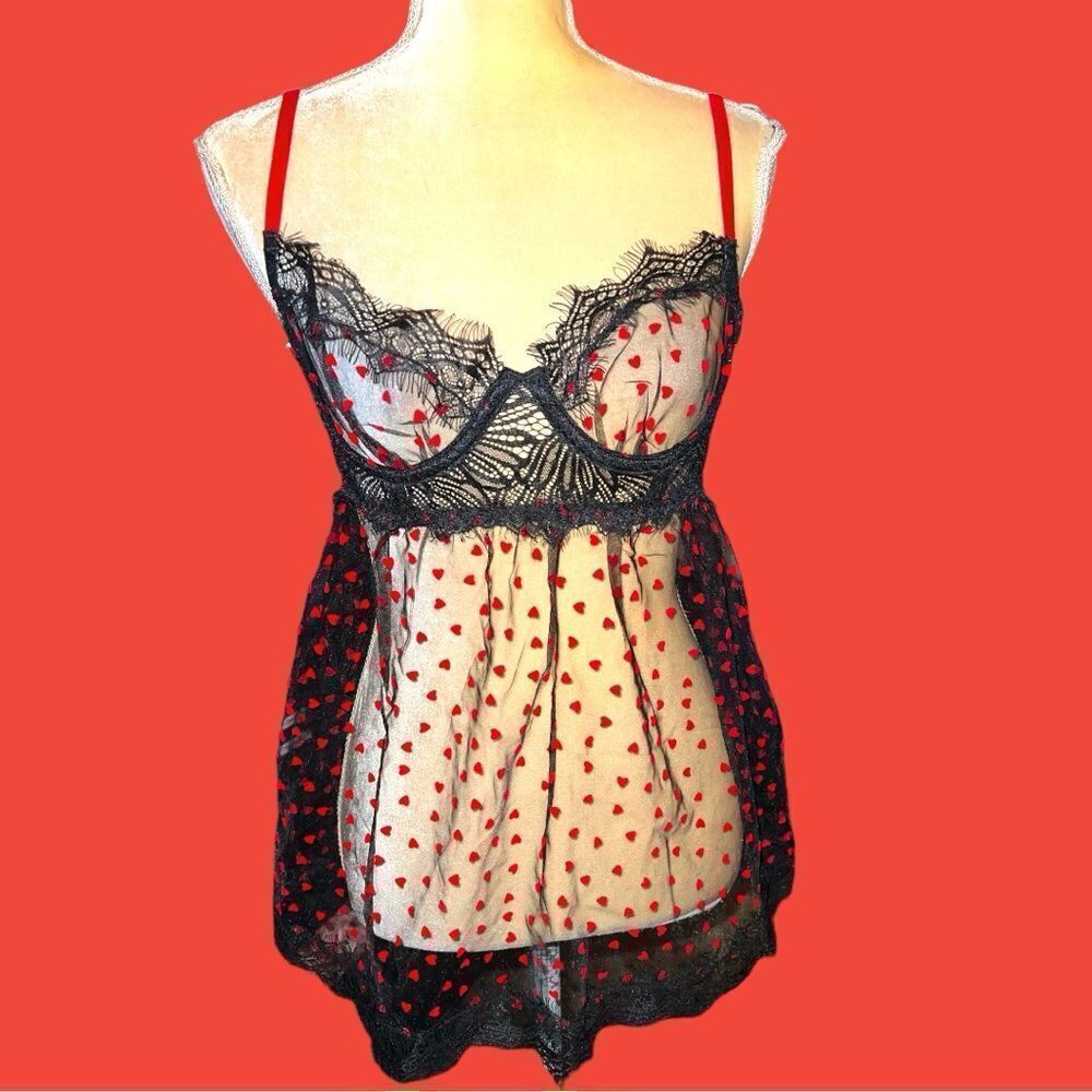 Dreamgirl black sheer nighty with red heart design and black lace trim